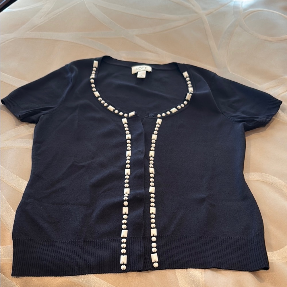 LOFT Navy Short Sleeve Beaded Trim Cardigan
